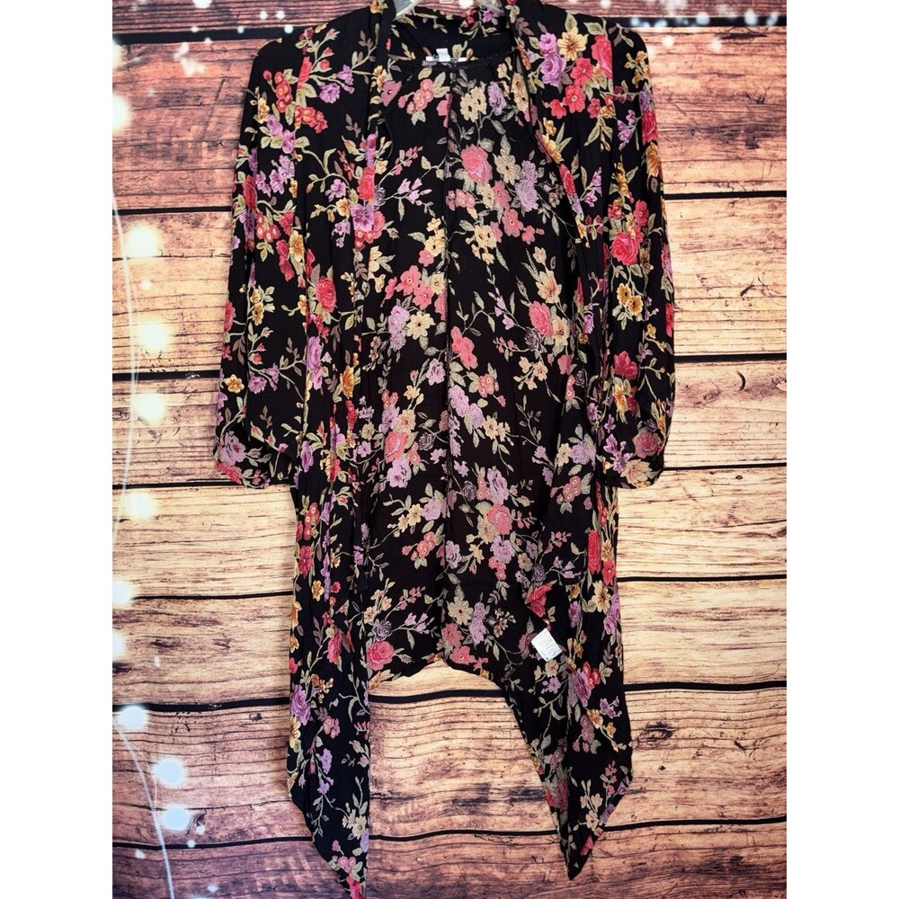 Anthro Patrons of Peace Kimono Duster Women Medium Black Floral Festival Boho